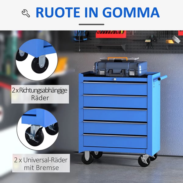 Verkstadsvagn "Rolling Trolley" med 5 lådor, verktygsvagn i legerat stål, blå