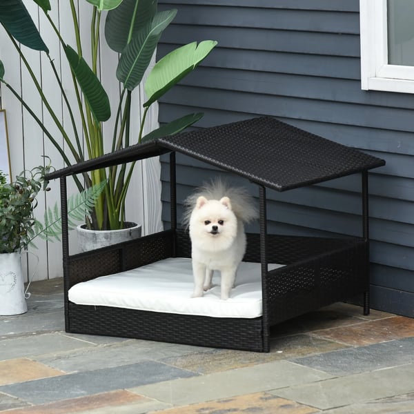 Rattan Hundehus med Pude - Vejrbestandigt PE Rattan, Kaffebrun, 98x69x73 cm