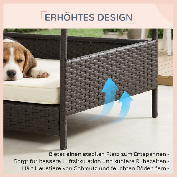 Rattan Hundehus med Pude - Vejrbestandigt PE Rattan, Kaffebrun, 98x69x73 cm