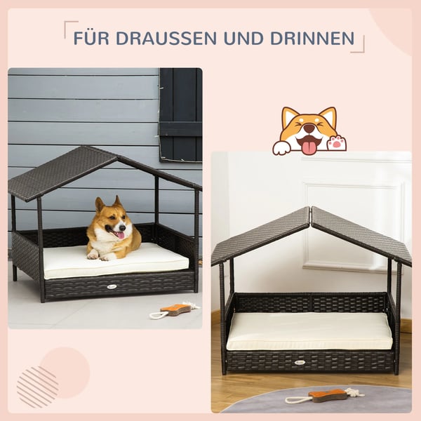 Rattan Hundehus med Pude - Vejrbestandigt PE Rattan, Kaffebrun, 98x69x73 cm