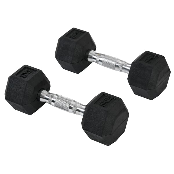 2 x 5 kg Seks Lige Hantler, Set med 2, Stpbejern med Gummi Overtrek, Sort