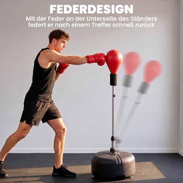 boksesæk med stativ – justerbar højde 136-154 cm, stående boksebold i kunstlæder (sort/rød) inkl. handsker, til fitness & stressaflastning