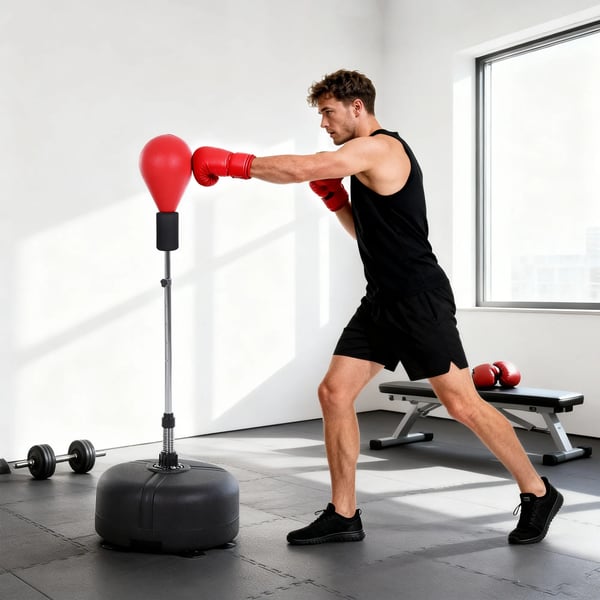 boksesæk med stativ – justerbar højde 136-154 cm, stående boksebold i kunstlæder (sort/rød) inkl. handsker, til fitness & stressaflastning