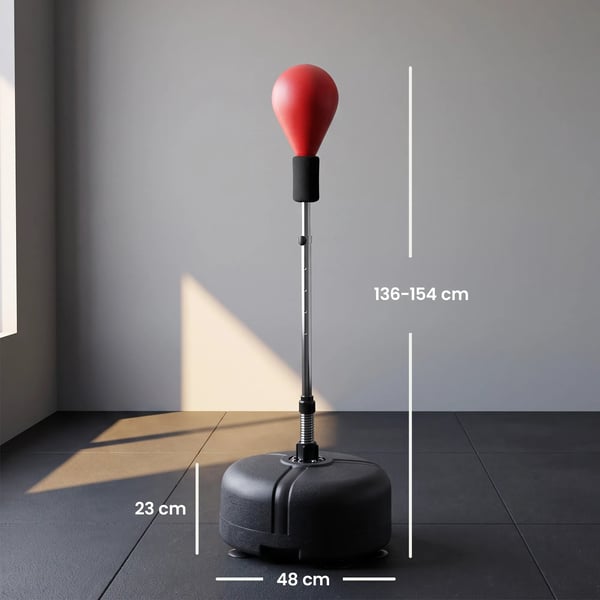 boksesæk med stativ – justerbar højde 136-154 cm, stående boksebold i kunstlæder (sort/rød) inkl. handsker, til fitness & stressaflastning