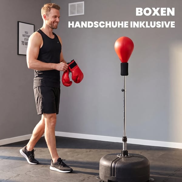 boksesæk med stativ – justerbar højde 136-154 cm, stående boksebold i kunstlæder (sort/rød) inkl. handsker, til fitness & stressaflastning