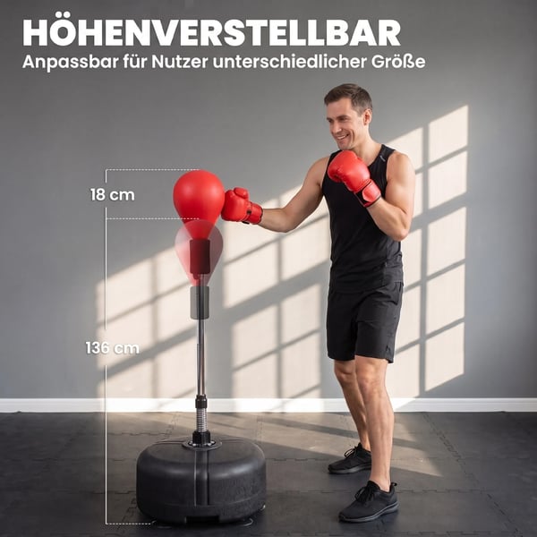 boksesæk med stativ – justerbar højde 136-154 cm, stående boksebold i kunstlæder (sort/rød) inkl. handsker, til fitness & stressaflastning