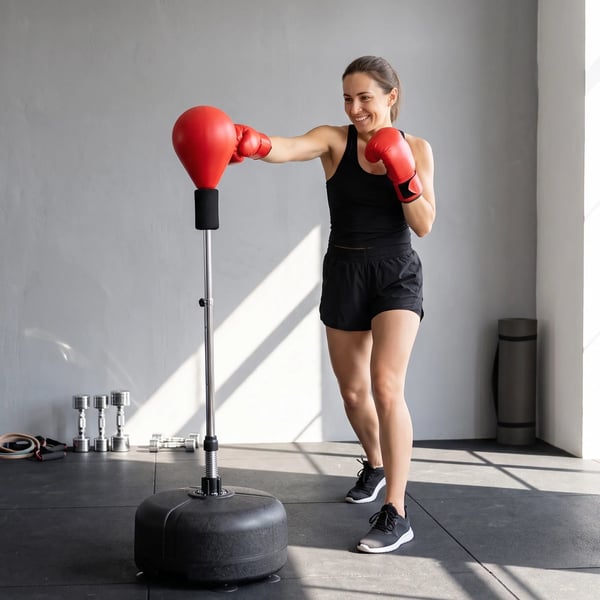 boksesæk med stativ – justerbar højde 136-154 cm, stående boksebold i kunstlæder (sort/rød) inkl. handsker, til fitness & stressaflastning