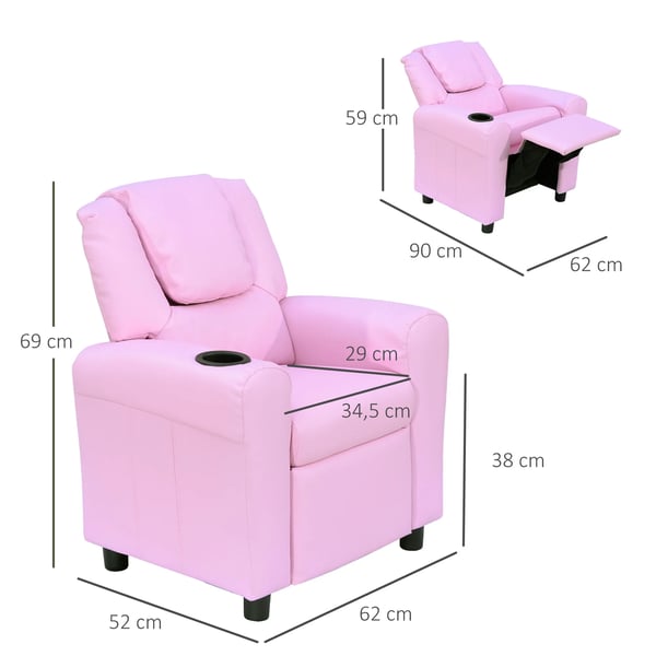 Barnsoffa med liggfunktion Barnfåtölj 3-6 år Rosa Mugghållare 62x56x69cm