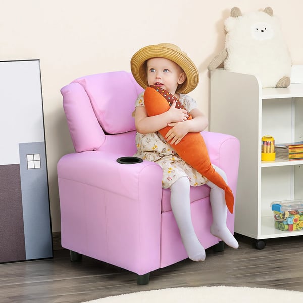 Barnsoffa med liggfunktion Barnfåtölj 3-6 år Rosa Mugghållare 62x56x69cm