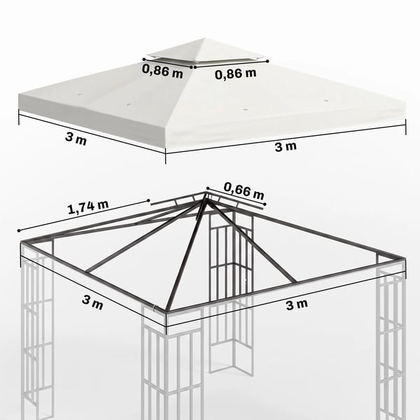 Ersakningstak Paviljongtak för Metallpaviljong, Trädgårdspaviljong, 3x3m, Krämvit, Polyester