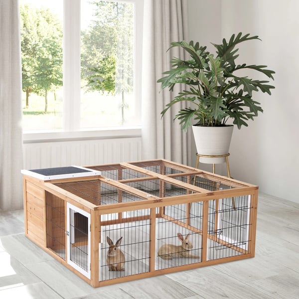 kaninbur smådjursbur 123 x 120 x 52 cm med öppningsbart tak med utegård furu natur