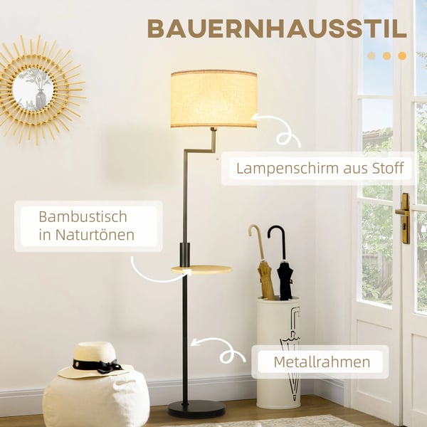 Golvlampa med hylla, stål, bambu, polyester, vit, 40W