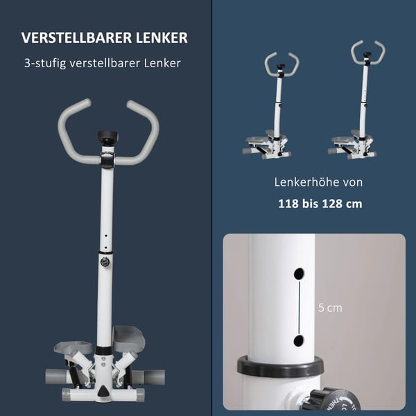 Side Stepper til hjemmetræner, Justerbar, LCD, Metal/ABS, Hvid/Grå, 55x53x118-128cm