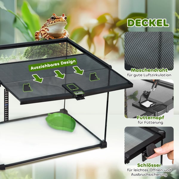 Terrarium för Reptiler Glas & Stål Matningslåda med Termometer, 50x30x35 cm Svart