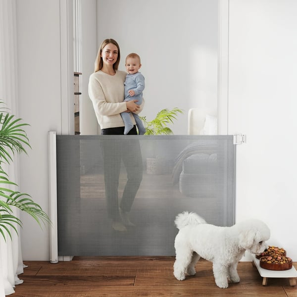 Lemmikkieläin- ja Lasten Turvaportti, Ulosvedettävä Verkkoovi, Harmaa Metallirunkoinen, 115x82.5cm
