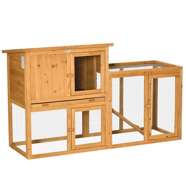 Kaninhopbur 141x60x86 cm för utomhusbruk, gran, orange, med ramp och utdragbar bottenbricka
