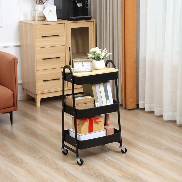 Rullvagn med 3 korgar, metall/plast, svart, 45x31x79,4 cm