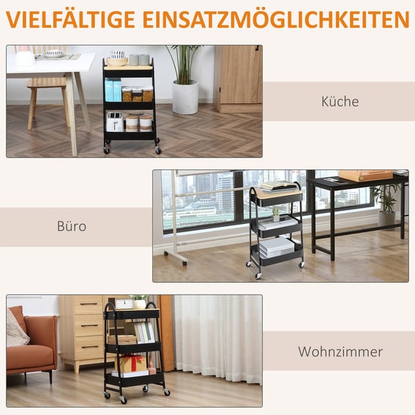 Rullvagn med 3 korgar, metall/plast, svart, 45x31x79,4 cm