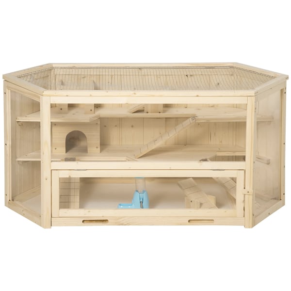 Smådjursbur i Furu för Hamster & Gnagar, 3 Våningar med Ramp och Avtagbar Bricka, 115x60x55 cm