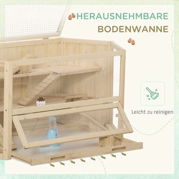 Lille Hamsterbur i Grantræ Natur - 3 Etager med Rampe, Aftagelig Bakke - 115x60x55 cm