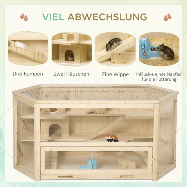 Lille Hamsterbur i Grantræ Natur - 3 Etager med Rampe, Aftagelig Bakke - 115x60x55 cm