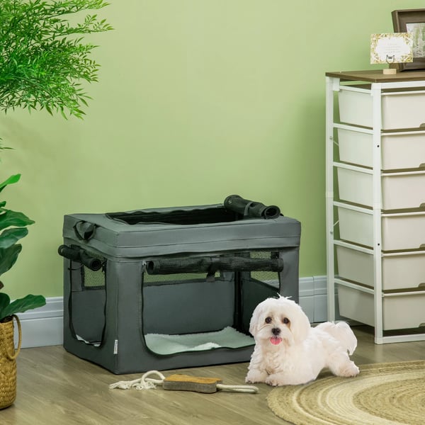 hundetaske hundebur med netvindue, kattetransportbur med pude, Oxford-stof, grå, til hunde op til 4 kg