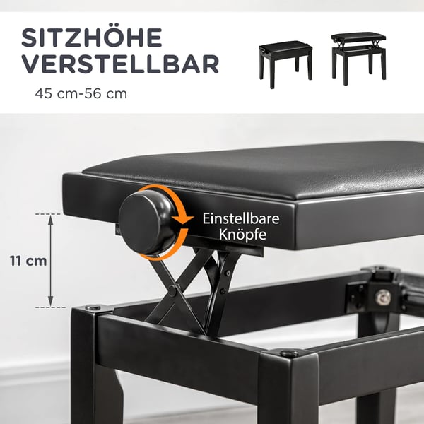 Pianobänk med höjdjusterbart konstläder, svart
