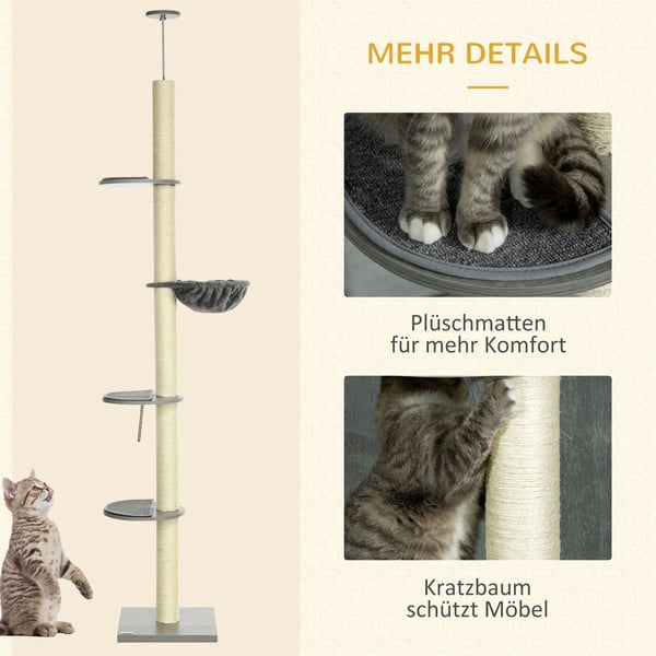 Kradsetræ til katte, 230-250 cm, med hængekøje, justerbar højde, grå+cremehvid