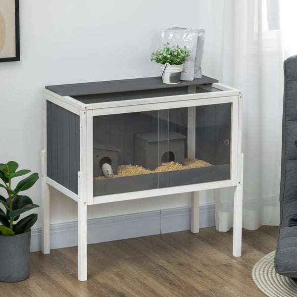 Hamsterbur i gran og mørkegrå, 82 x 45 x 81 cm med 2 hytter og tilbehør. Lille dyrebur, gnaverbur, musebur.