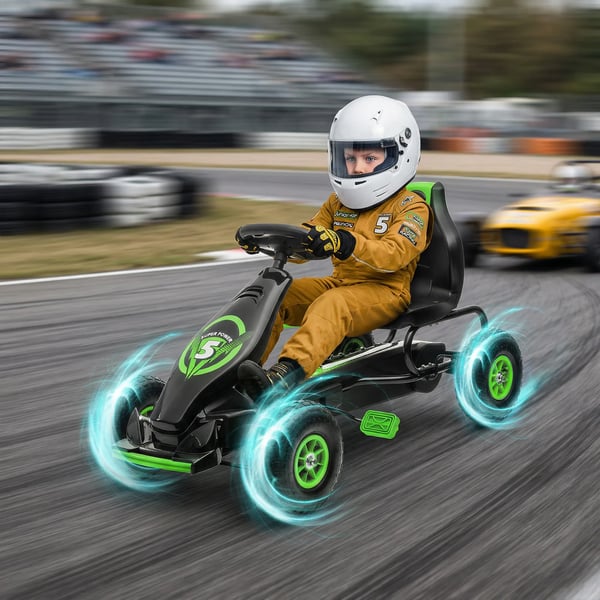 Gokart til børn, grøn/sort, justerbart sæde, gummidæk, pedal- og håndbremse, fra 5 år