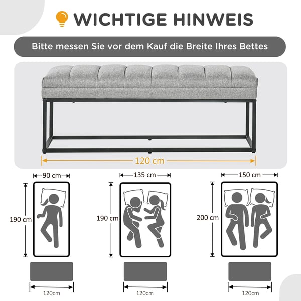 Ljusgrå Sittbänk i linnelook, Vadderad Bänk för Sovrum/Hall, 120x44x45,5 cm, Max 200 kg, Polyester/Skum/Stål