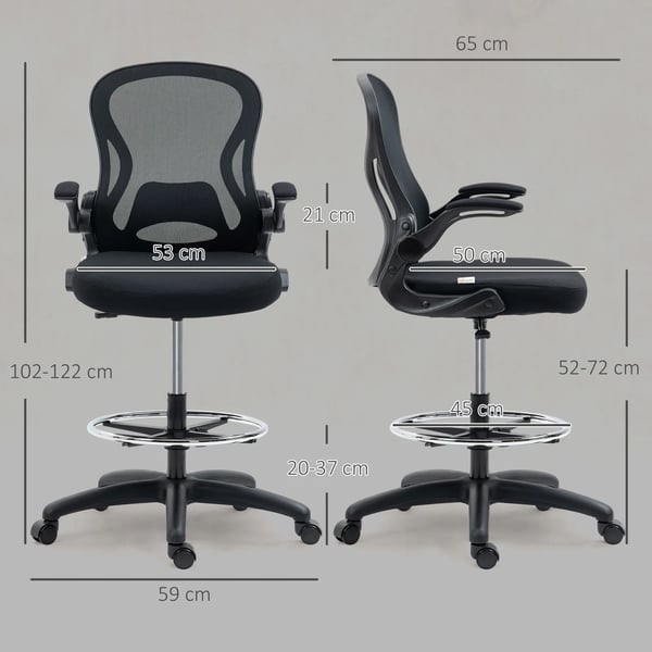 Ergonomisk kontorsstol i svart mesh med justerbart fotstöd och svankstöd, 102-122 cm hög