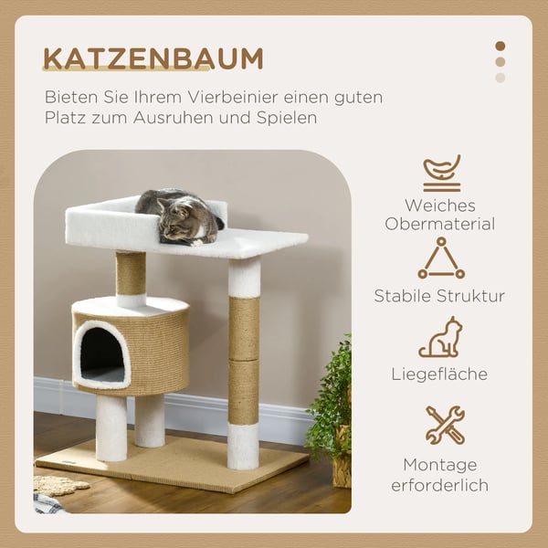 Kradsetre 79 cm til Katte med Hule og Liggeflade, Jute, Brun/Hvid