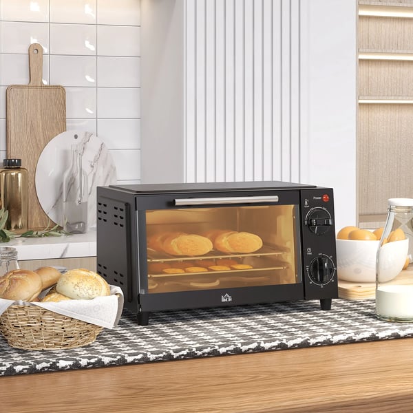 Miniovn 9L - Kompakt Ovn i Sort Rustfrit Stål med Bageplade og Grillrist, 750W