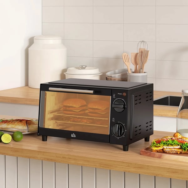 Miniovn 9L - Kompakt Ovn i Sort Rustfrit Stål med Bageplade og Grillrist, 750W