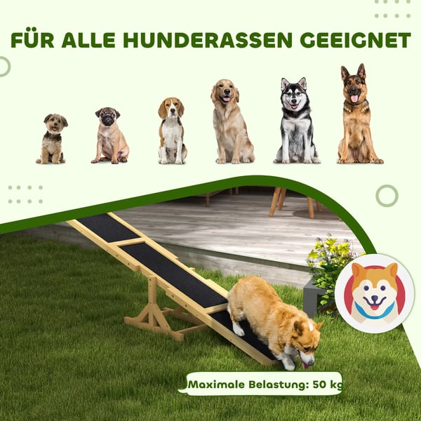 Hundvippa i Tannenholz, Gul - Träningsramp för Hundar upp till 50 kg, 180x30x30 cm