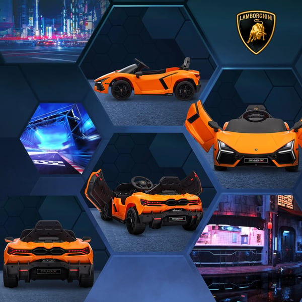 Lamborghini Revuelto 12V lasten sähköauto, oranssi - Kaukosäädin, Musiikki, USB/MP3, LED-valot, 3-5v