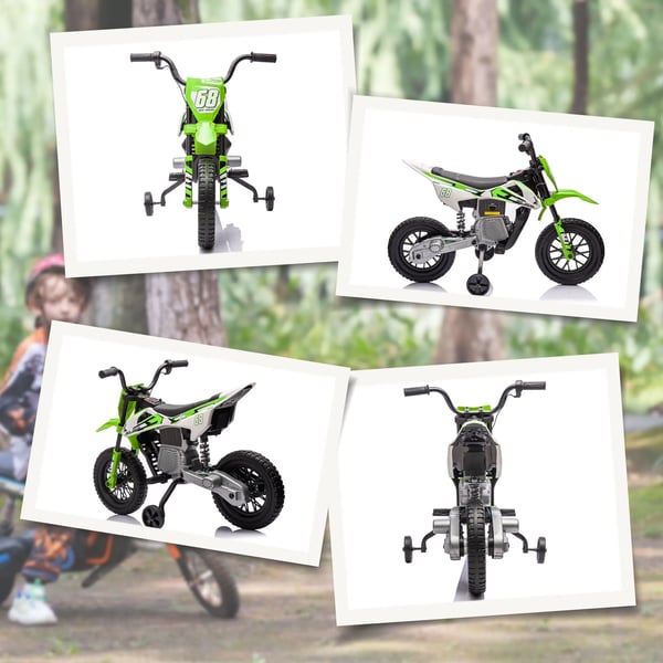 Børne Elektrisk Motorcykel 12V Grøn M. Musik & Støttehjul (3-6 år)