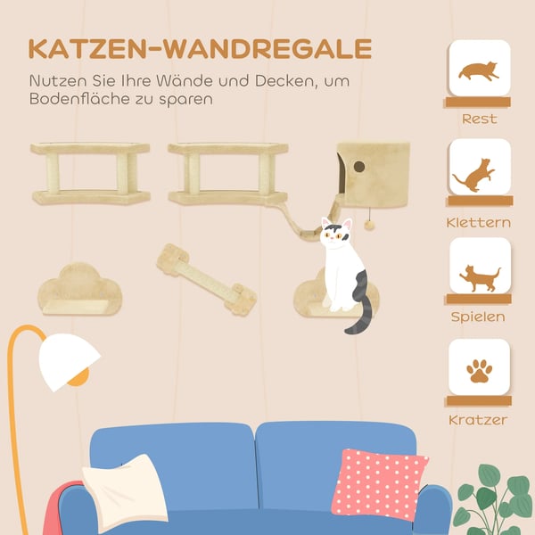 Klätterset för Katter, 5 delar Kattmöbler med Klöspole, Hopplatåer, Stege, Hus, Kattklättervägg, Beige, Max 5 kg