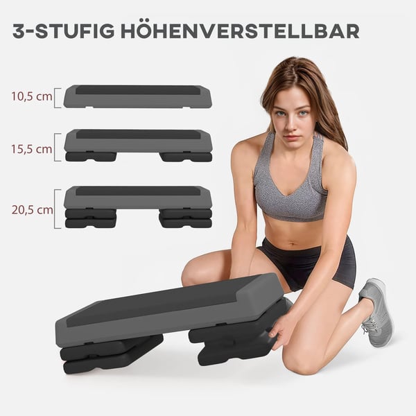 Aerobic Stepper, Justerbar Höjd 10,5-20,5 cm, Halkfri Plast, Grå/Svart, Max 250 kg