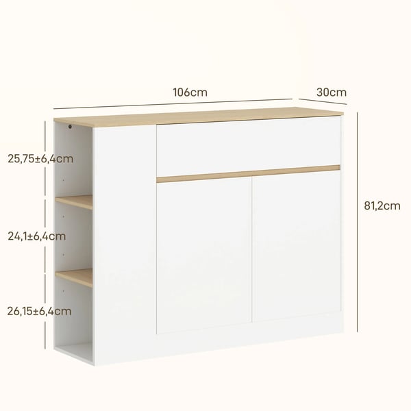 Valkoinen Sivukaappi Keittiöön, Laatikollinen Säilytyskaappi, Säädettävä Hylly, 105x30x81.5cm
