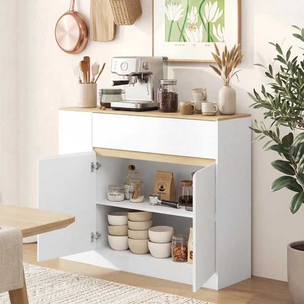 Valkoinen Sivukaappi Keittiöön, Laatikollinen Säilytyskaappi, Säädettävä Hylly, 105x30x81.5cm