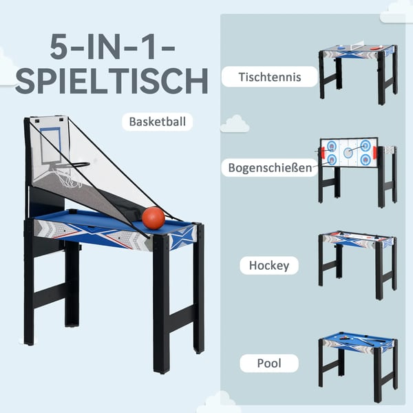 5-i-1 Multispil Bord: Billard, Bordtennis, Hockey, Basketball, Bueskydning – Blå/Sort MDF, 91x45,5x76 cm