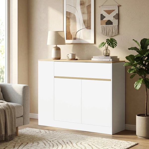 Valkoinen Sivukaappi Keittiöön, Laatikollinen Säilytyskaappi, Säädettävä Hylly, 105x30x81.5cm
