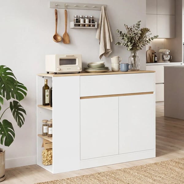 Valkoinen Sivukaappi Keittiöön, Laatikollinen Säilytyskaappi, Säädettävä Hylly, 105x30x81.5cm