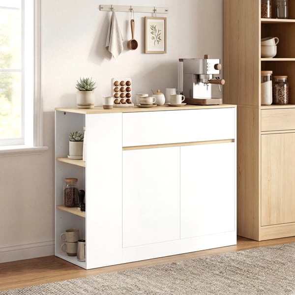 Valkoinen Sivukaappi Keittiöön, Laatikollinen Säilytyskaappi, Säädettävä Hylly, 105x30x81.5cm