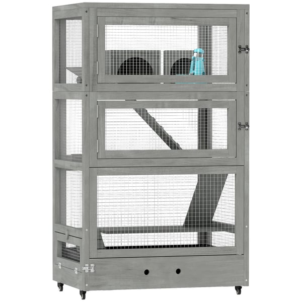Hamsterbur av granträ, 65x45x109cm gnagarbur med hus, vippa, hjul, 4-våningar, grå