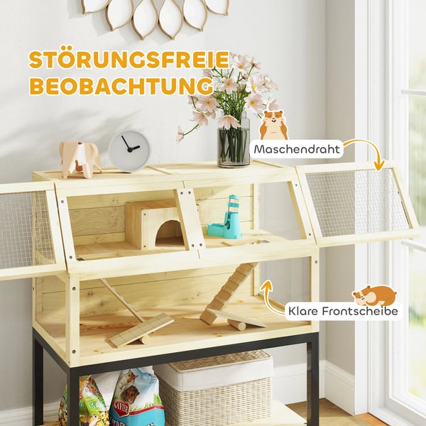 Hamsterbur i Naturträ - Våningsbur med Hjul & Förvaring - 87x43x101 cm