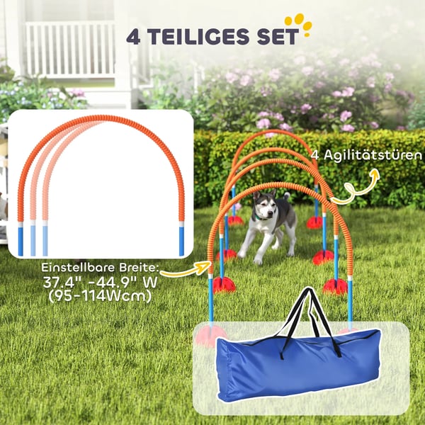 Hund Agilityset 4-delat med justerbara hinder i Blå/Orange, Plast, med väska