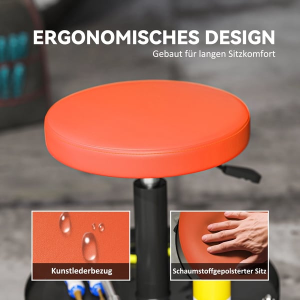 Verkstadspall med hjul, orange, stål, höjdjusterbar 38-50 cm, max 135 kg